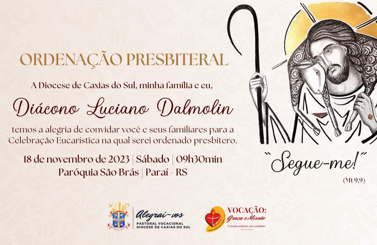 Foto de capa da notícia Diácono Luciano Dalmolin será ordenado padre no dia 18 de novembro, na Paróquia São Brás, em Paraí
